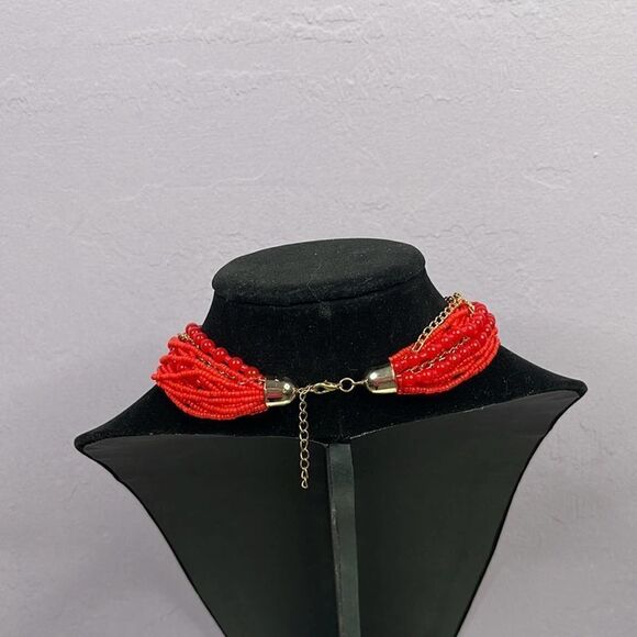 Red Gold Strands of Beads Gold Chair Claw Clasp Chocker - Picture 2 of 4